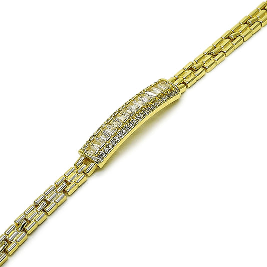 Oro Laminado Fancy Bracelet, Gold Filled Style Baguette and Cluster Design, with White Cubic Zirconia and White Micro Pave, Polished, Golden Finish
