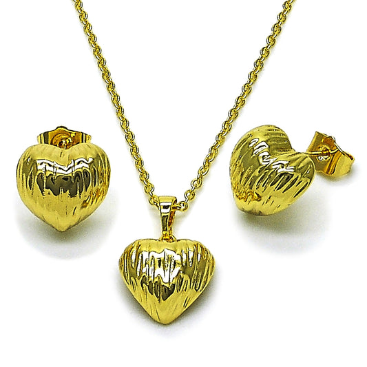 Oro Laminado Earring and Pendant Adult Set, Gold Filled Style Heart Design, Diamond Cutting Finish, Golden Finish