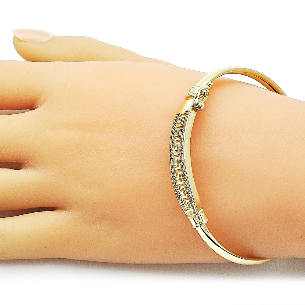Oro Laminado Individual Bangle, Gold Filled Style Greek Key Design, with White Cubic Zirconia, Polished, Golden Finish