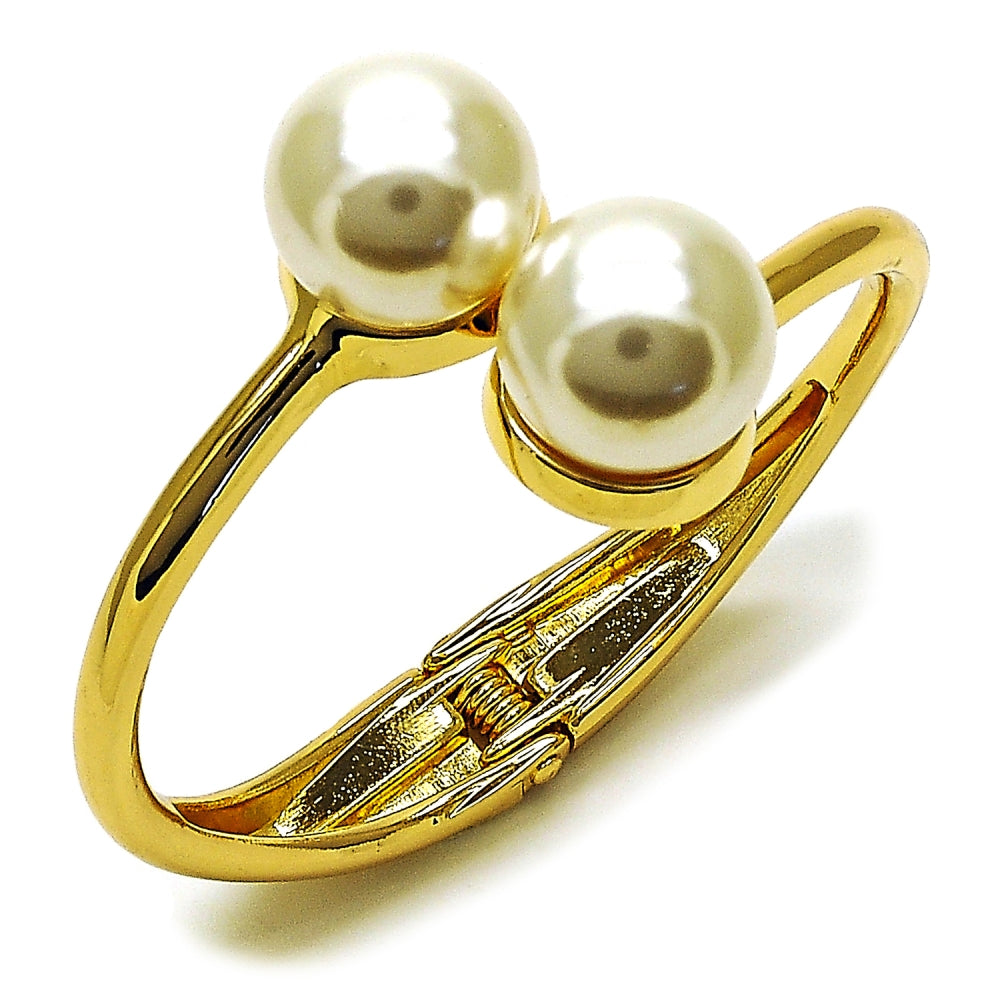 Oro Laminado Individual Bangle, Gold Filled Style Ball Design, with Ivory Pearl, Polished, Golden Finish