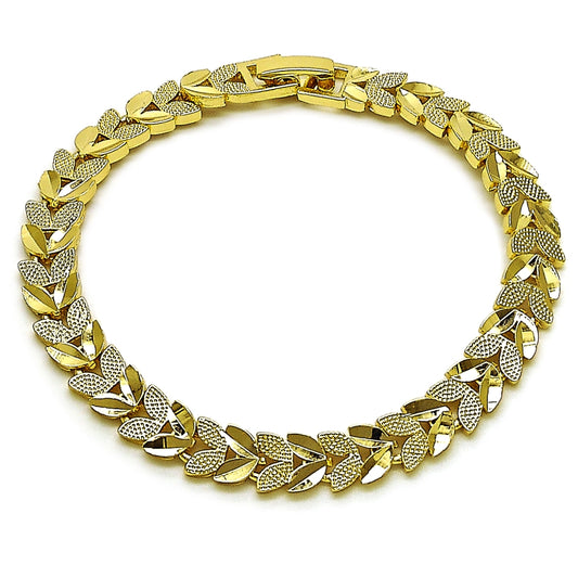 Oro Laminado Solid Bracelet, Gold Filled Style Four-leaf Clover Design, Diamond Cutting Finish, Golden Finish