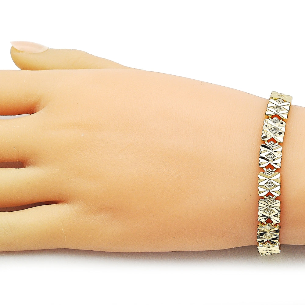 Oro Laminado Solid Bracelet, Gold Filled Style Heart Design, Diamond Cutting Finish, Golden Finish