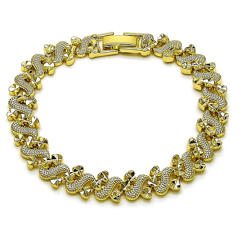 Oro Laminado Solid Bracelet, Gold Filled Style Heart Design, Diamond Cutting Finish, Golden Finish