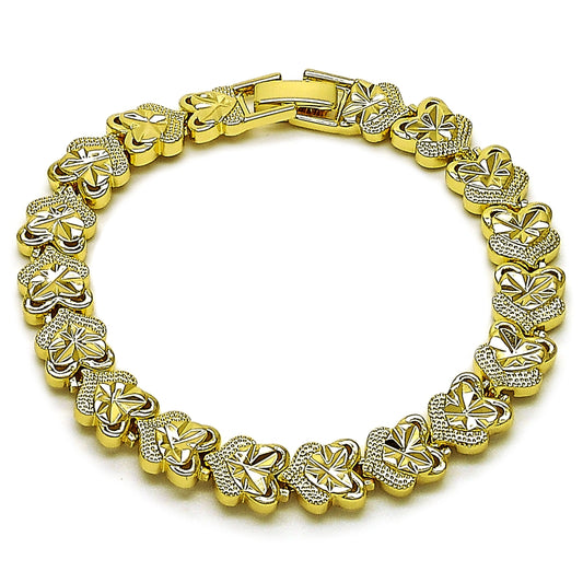 Oro Laminado Solid Bracelet, Gold Filled Style Heart Design, Diamond Cutting Finish, Golden Finish