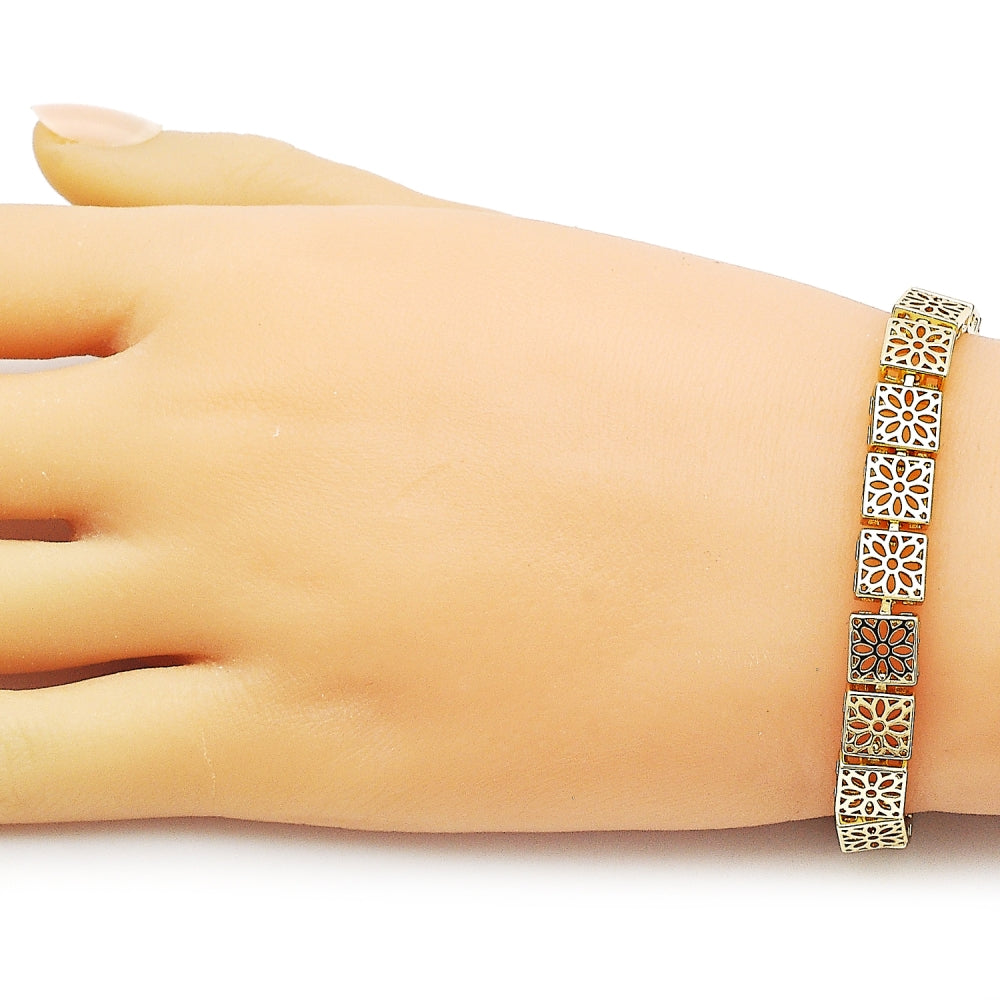 Oro Laminado Solid Bracelet, Gold Filled Style Flower and Filigree Design, Polished, Golden Finish