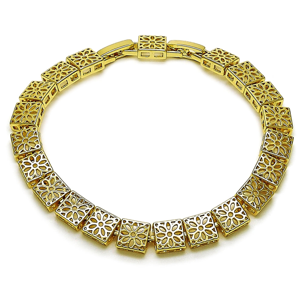 Oro Laminado Solid Bracelet, Gold Filled Style Flower and Filigree Design, Polished, Golden Finish