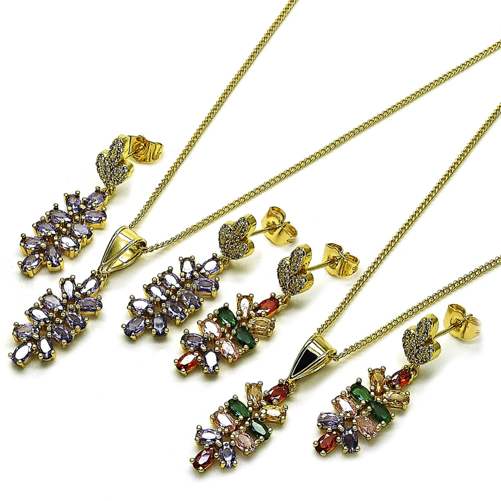 Oro Laminado Earring and Pendant Adult Set, Gold Filled Style Leaf Design, with White Micro Pave and Amethyst Cubic Zirconia, Polished, Golden Finish