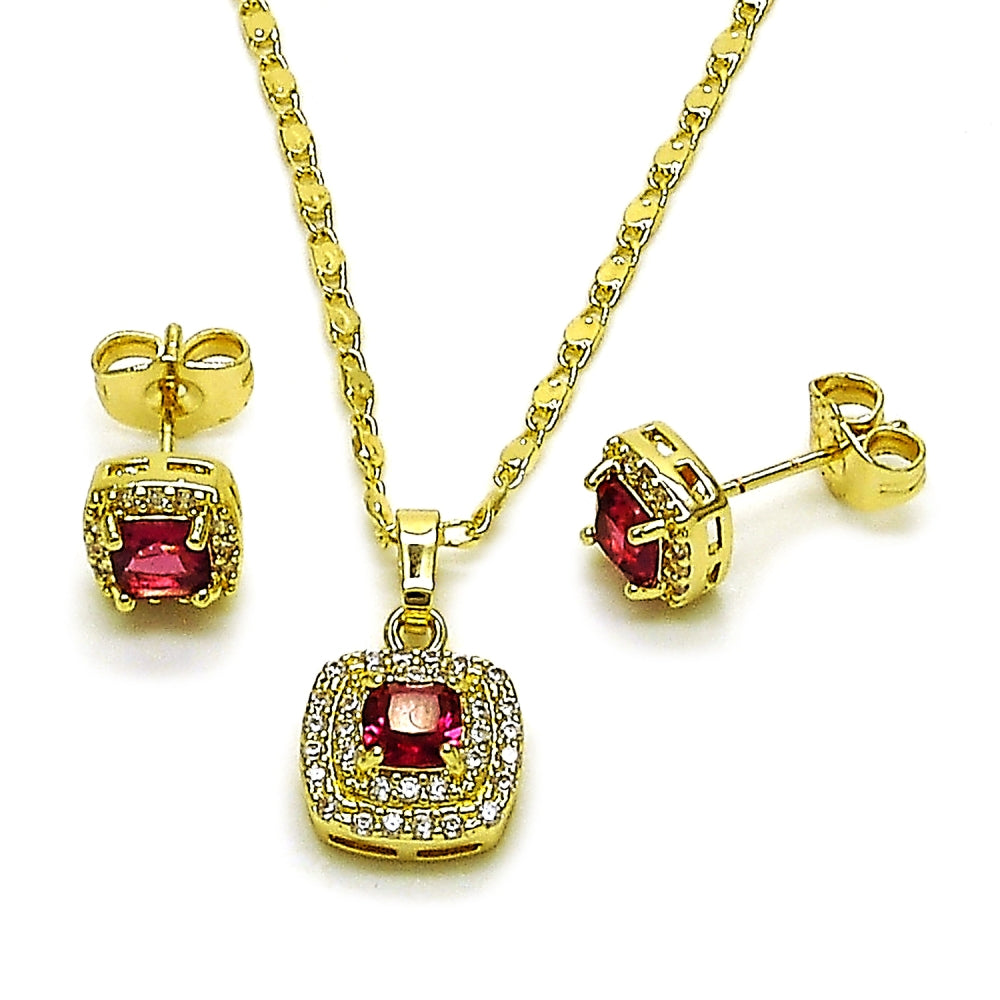 Oro Laminado Earring and Pendant Adult Set, Gold Filled Style Cluster Design, with White Micro Pave and Ruby Cubic Zirconia, Polished, Golden Finish