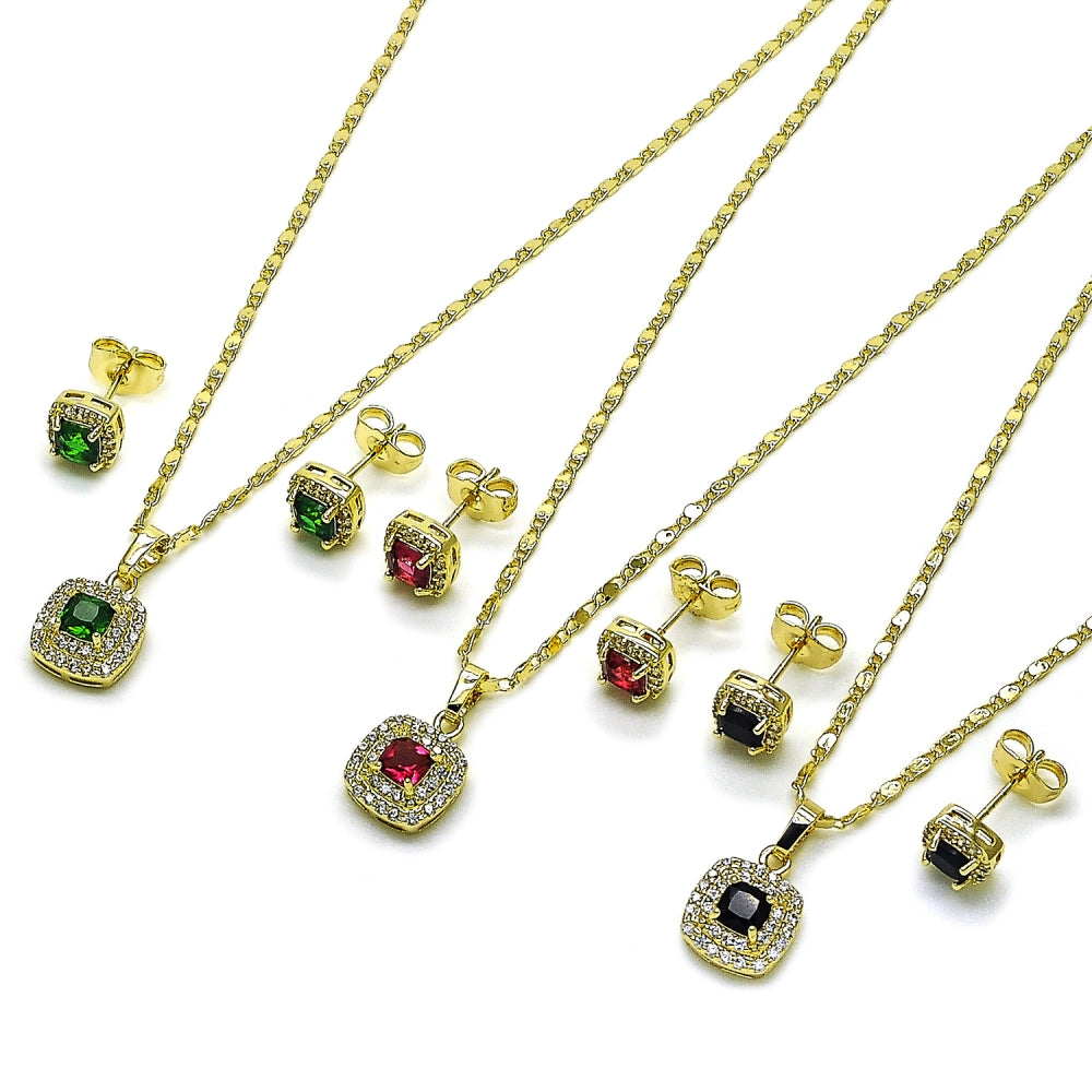 Oro Laminado Earring and Pendant Adult Set, Gold Filled Style Cluster Design, with White Micro Pave and Ruby Cubic Zirconia, Polished, Golden Finish