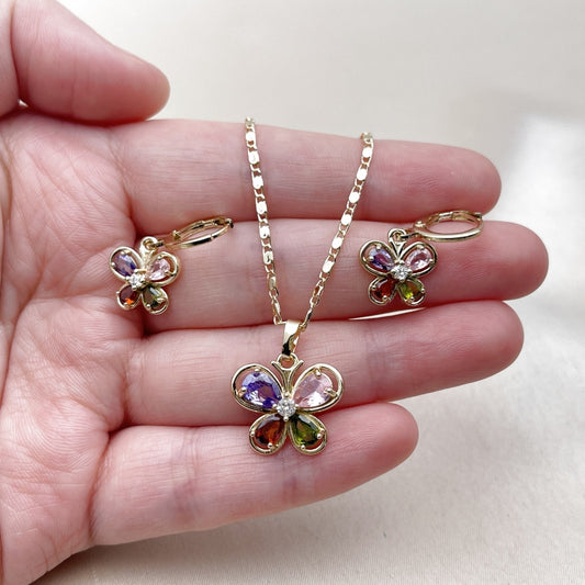 Oro Laminado Earring and Pendant Adult Set, Gold Filled Style Butterfly Design, with Multicolor and White Cubic Zirconia, Polished, Golden Finish