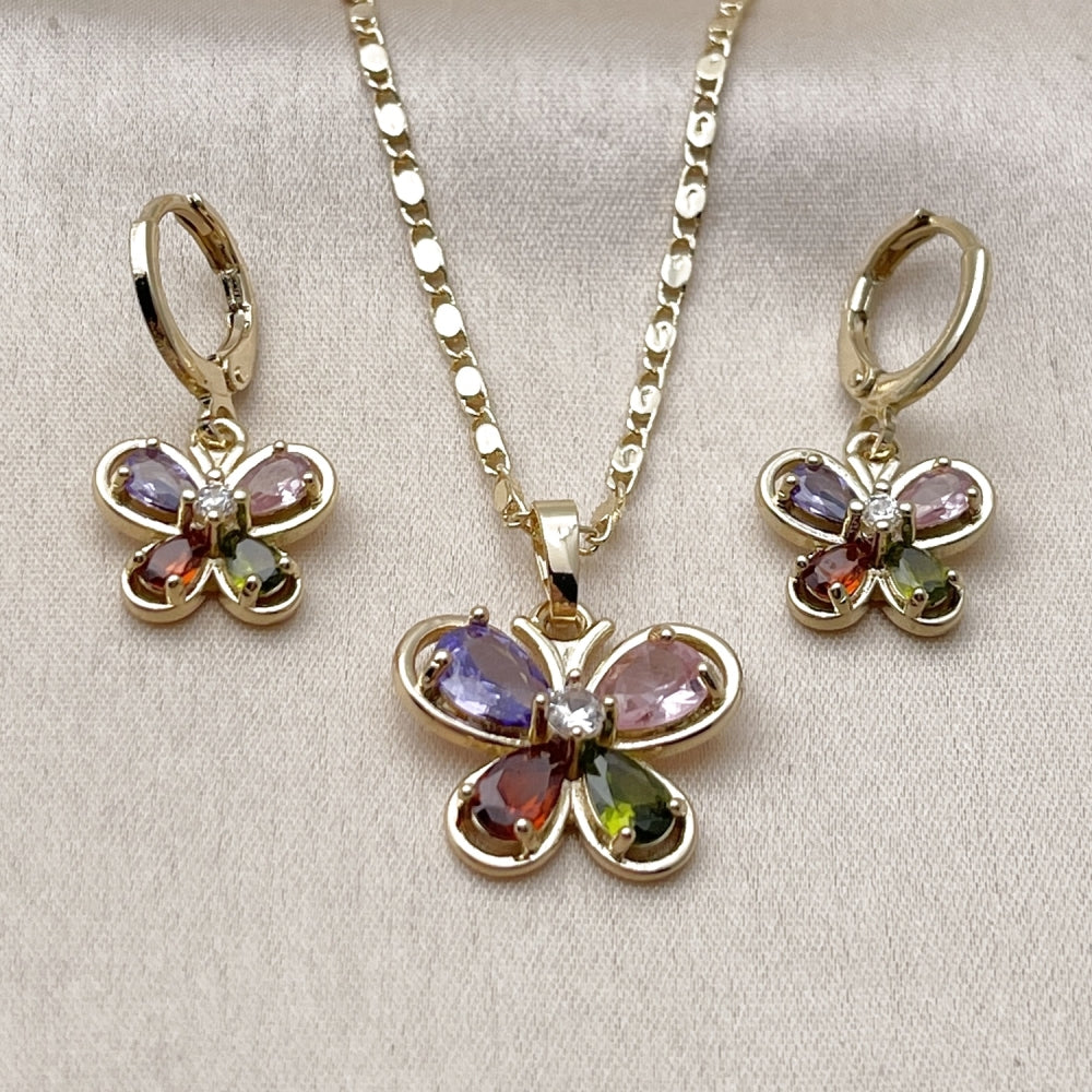 Oro Laminado Earring and Pendant Adult Set, Gold Filled Style Butterfly Design, with Multicolor and White Cubic Zirconia, Polished, Golden Finish