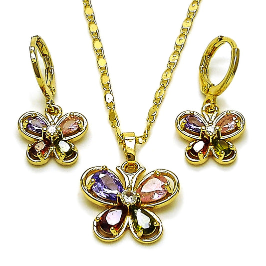 Oro Laminado Earring and Pendant Adult Set, Gold Filled Style Butterfly Design, with Multicolor and White Cubic Zirconia, Polished, Golden Finish