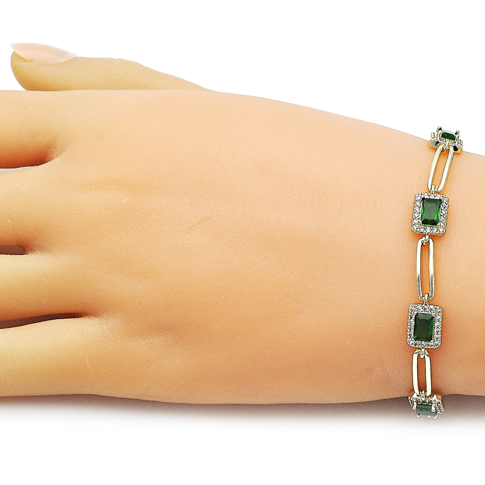 Oro Laminado Tennis Bracelet, Gold Filled Style Cluster Design, with Green and White Cubic Zirconia, Polished, Golden Finish