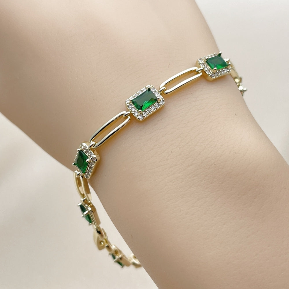 Oro Laminado Tennis Bracelet, Gold Filled Style Cluster Design, with Green and White Cubic Zirconia, Polished, Golden Finish