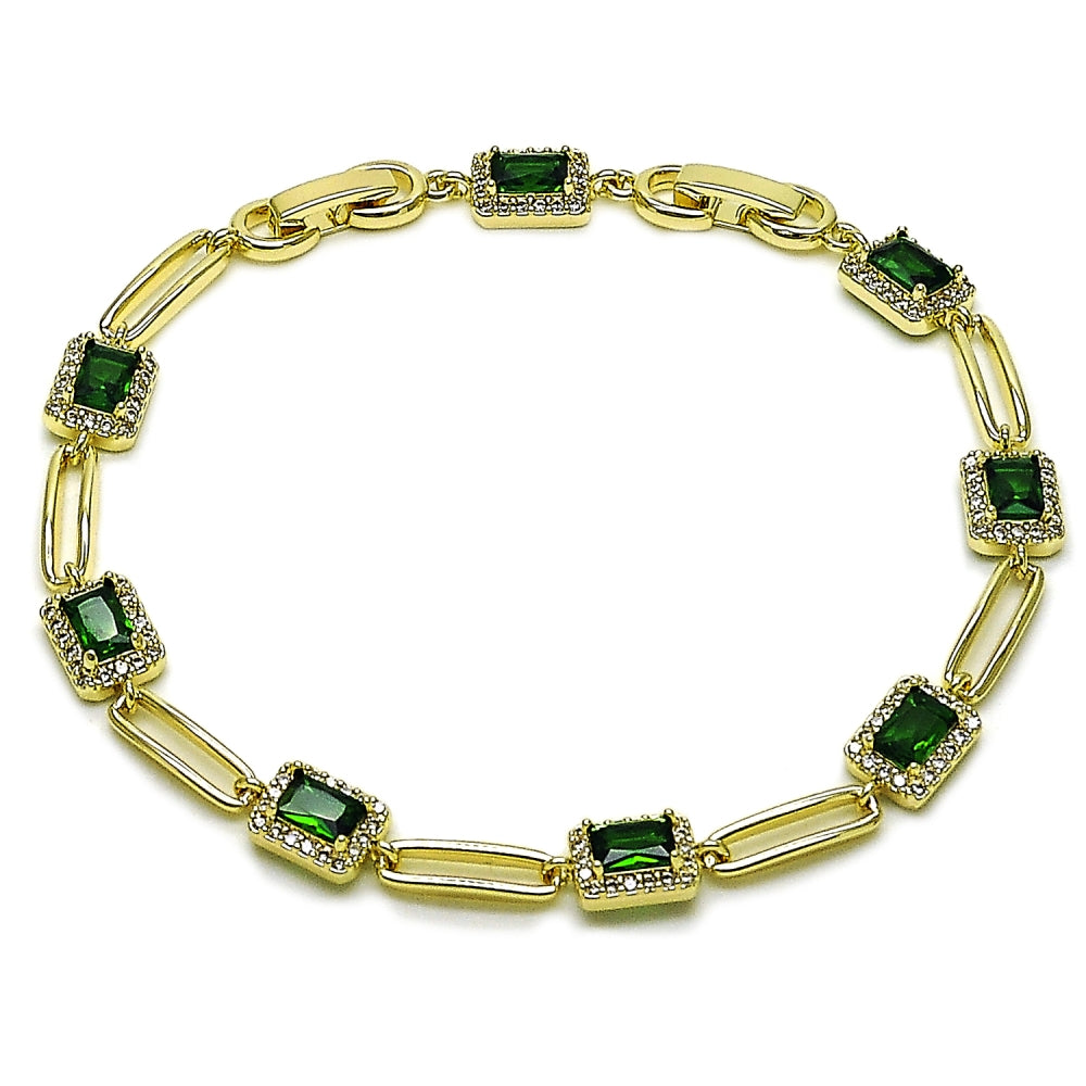 Oro Laminado Tennis Bracelet, Gold Filled Style Cluster Design, with Green and White Cubic Zirconia, Polished, Golden Finish