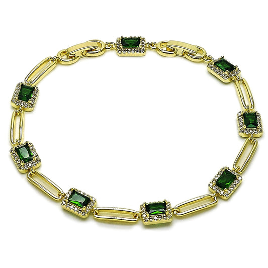 Oro Laminado Tennis Bracelet, Gold Filled Style Cluster Design, with Green and White Cubic Zirconia, Polished, Golden Finish