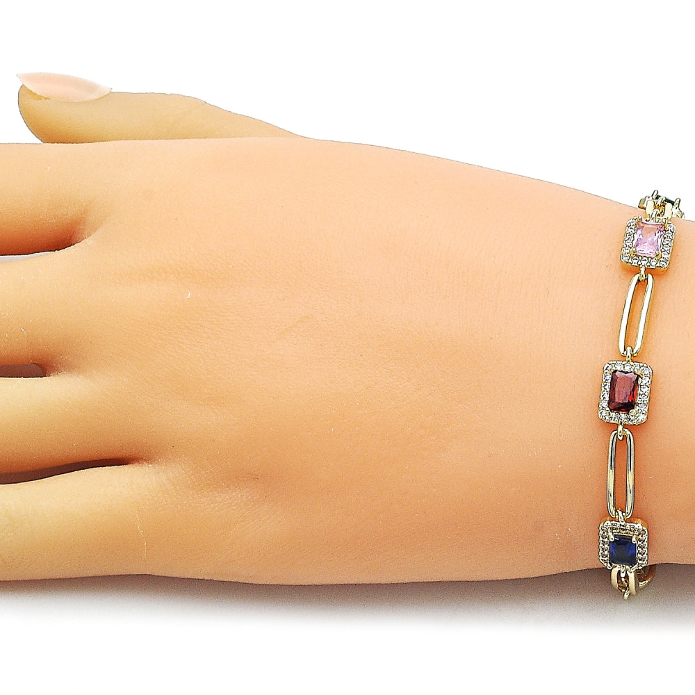 Oro Laminado Tennis Bracelet, Gold Filled Style Cluster Design, with White and Multicolor Cubic Zirconia, Polished, Golden Finish