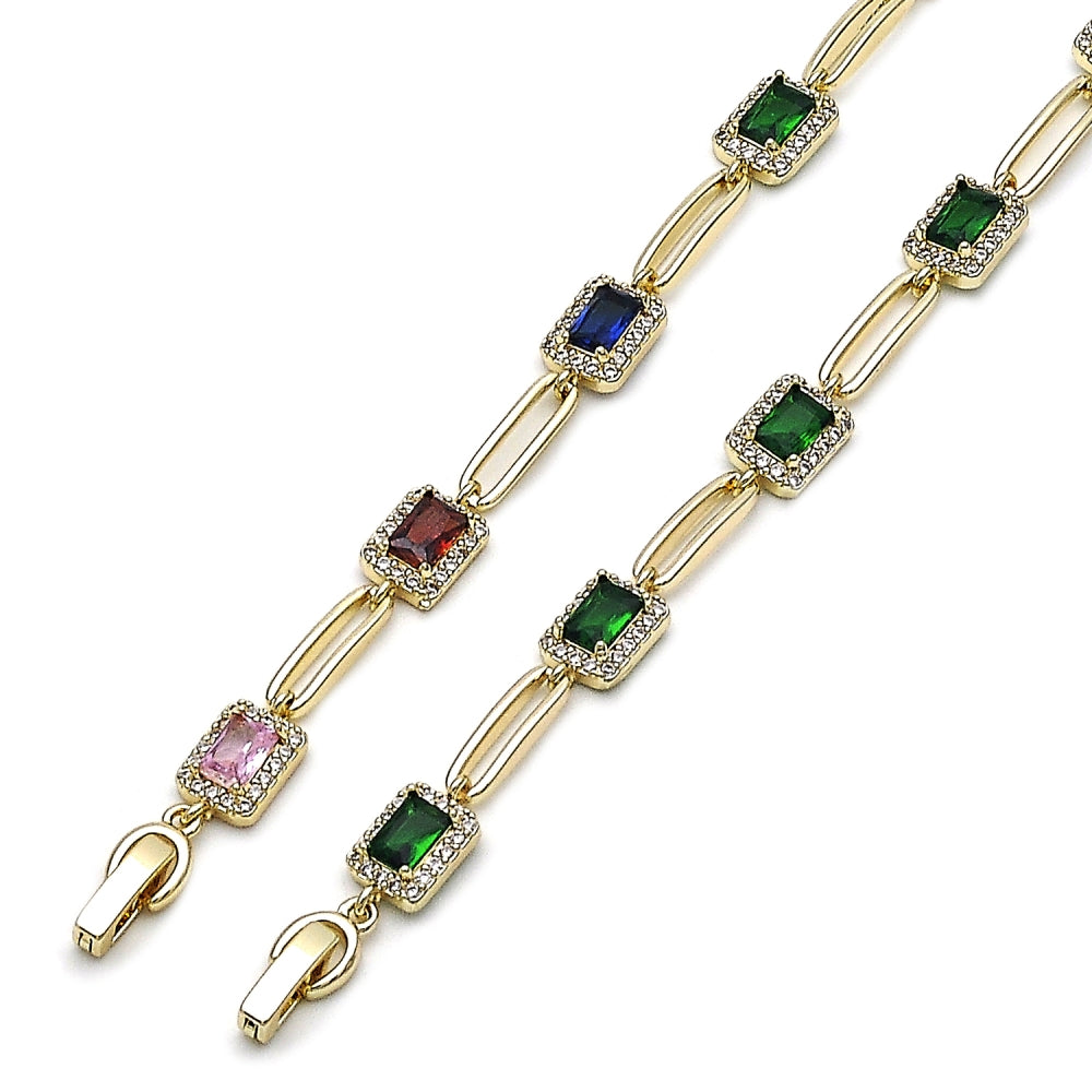 Oro Laminado Tennis Bracelet, Gold Filled Style Cluster Design, with White and Multicolor Cubic Zirconia, Polished, Golden Finish