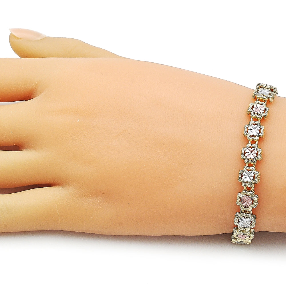 Oro Laminado Solid Bracelet, Gold Filled Style Four-leaf Clover Design, Diamond Cutting Finish, Tricolor