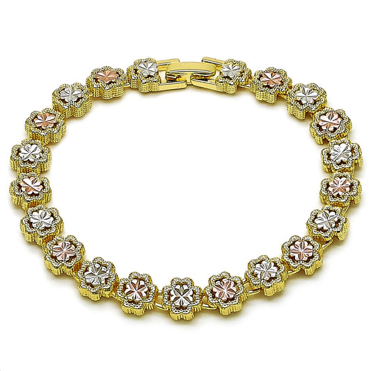 Oro Laminado Solid Bracelet, Gold Filled Style Four-leaf Clover Design, Diamond Cutting Finish, Tricolor