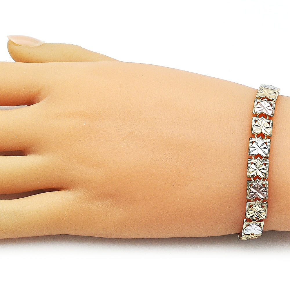 Oro Laminado Solid Bracelet, Gold Filled Style Heart Design, Diamond Cutting Finish, Tricolor