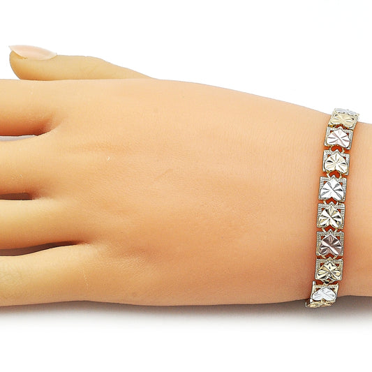 Oro Laminado Solid Bracelet, Gold Filled Style Heart Design, Diamond Cutting Finish, Tricolor