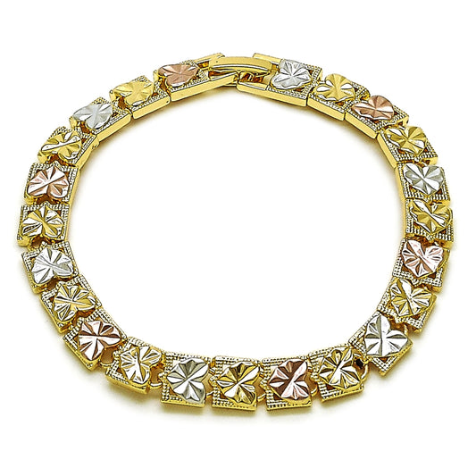Oro Laminado Solid Bracelet, Gold Filled Style Heart Design, Diamond Cutting Finish, Tricolor