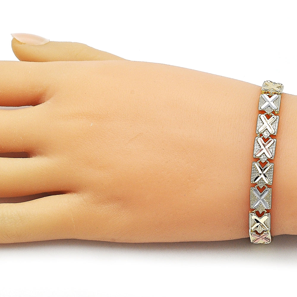 Oro Laminado Solid Bracelet, Gold Filled Style Diamond Cutting Finish, Tricolor