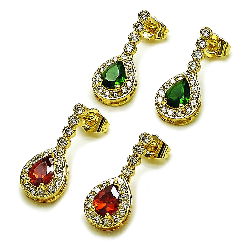 Oro Laminado Long Earring, Gold Filled Style Cluster and Teardrop Design, with Garnet and White Cubic Zirconia, Polished, Golden Finish
