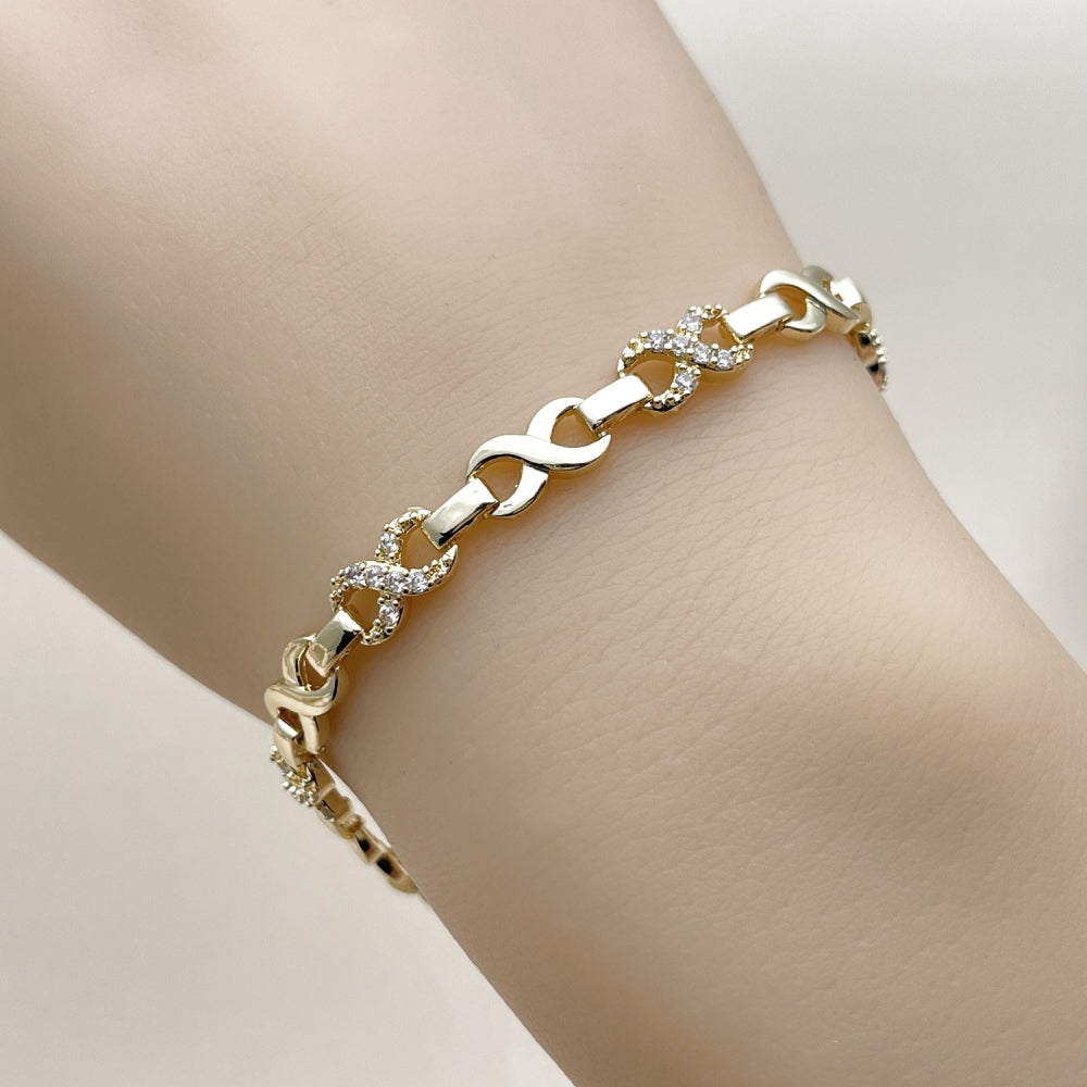 Oro Laminado Fancy Bracelet, Gold Filled Style Infinite Design, with White Cubic Zirconia, Polished, Golden Finish