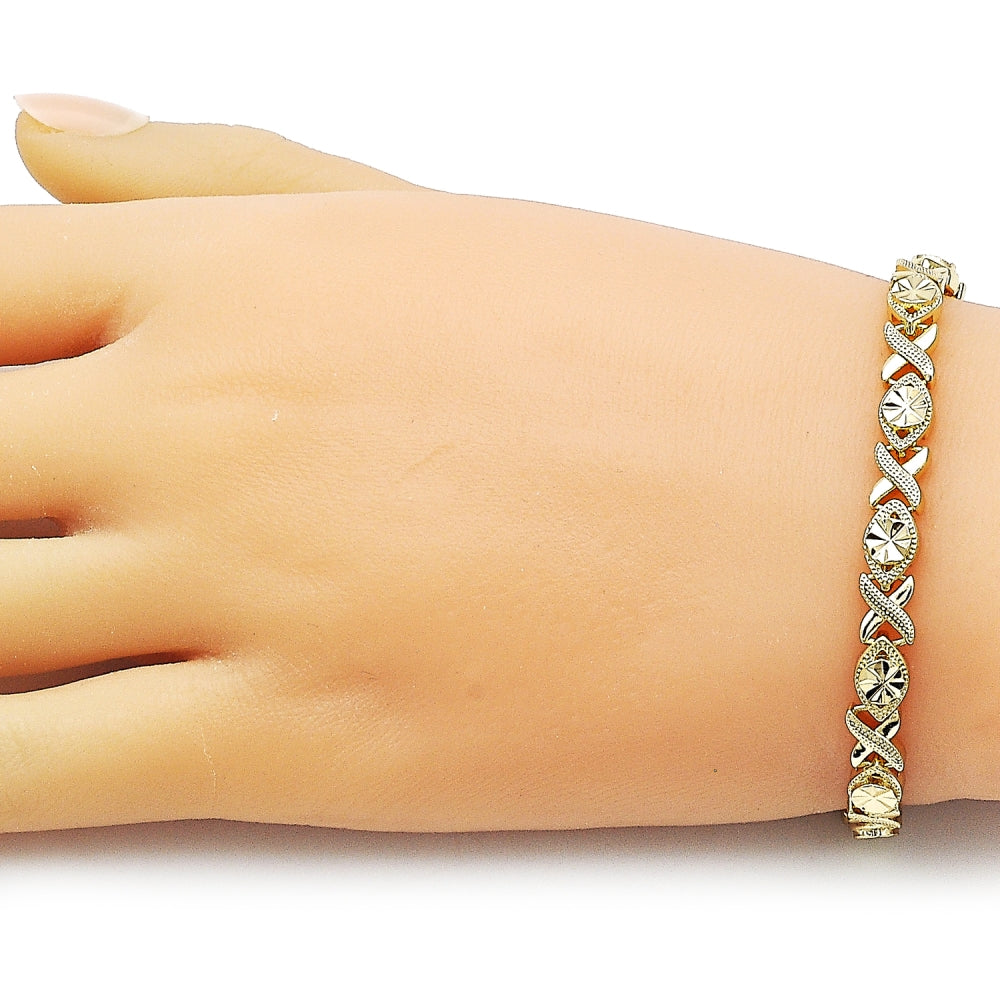Oro Laminado Solid Bracelet, Gold Filled Style Hugs and Kisses Design, Diamond Cutting Finish, Golden Finish