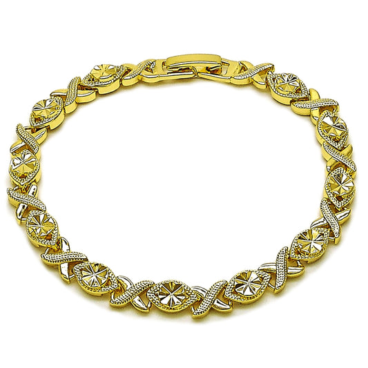 Oro Laminado Solid Bracelet, Gold Filled Style Hugs and Kisses Design, Diamond Cutting Finish, Golden Finish
