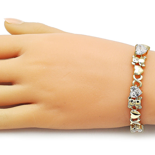 Oro Laminado Fancy Bracelet, Gold Filled Style Hugs and Kisses and Heart Design, with White Cubic Zirconia, Polished, Golden Finish