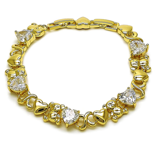 Oro Laminado Fancy Bracelet, Gold Filled Style Hugs and Kisses and Heart Design, with White Cubic Zirconia, Polished, Golden Finish