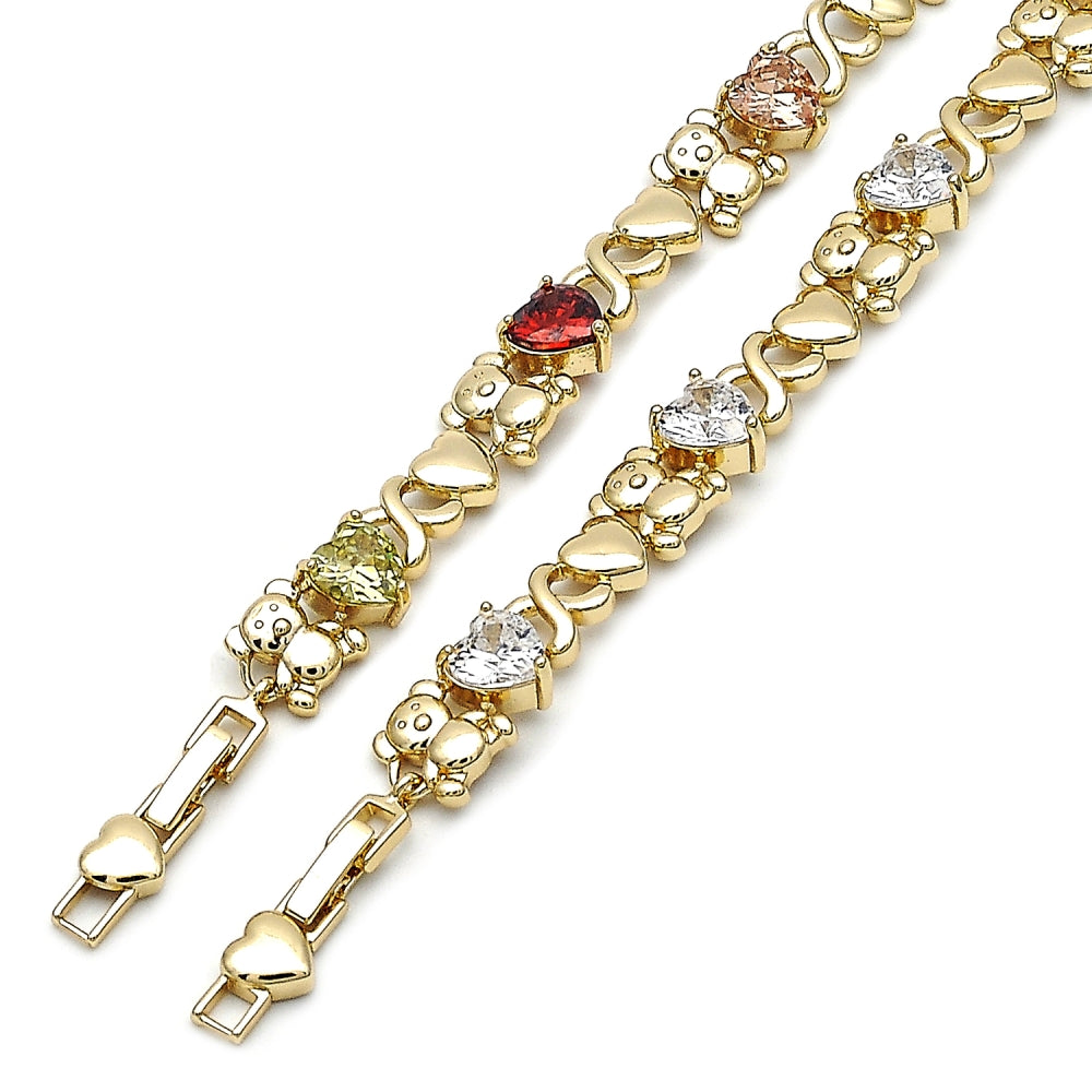 Oro Laminado Fancy Bracelet, Gold Filled Style Hugs and Kisses and Heart Design, with White Cubic Zirconia, Polished, Golden Finish