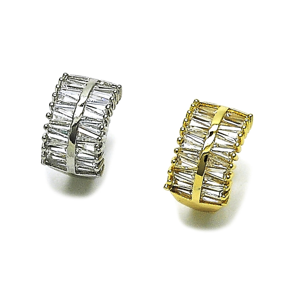 Oro Laminado Huggie Hoop, Gold Filled Style Baguette Design, with White Cubic Zirconia, Polished, Golden Finish