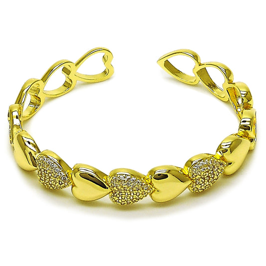 Oro Laminado Individual Bangle, Gold Filled Style Heart Design, with White Micro Pave, Polished, Tricolor