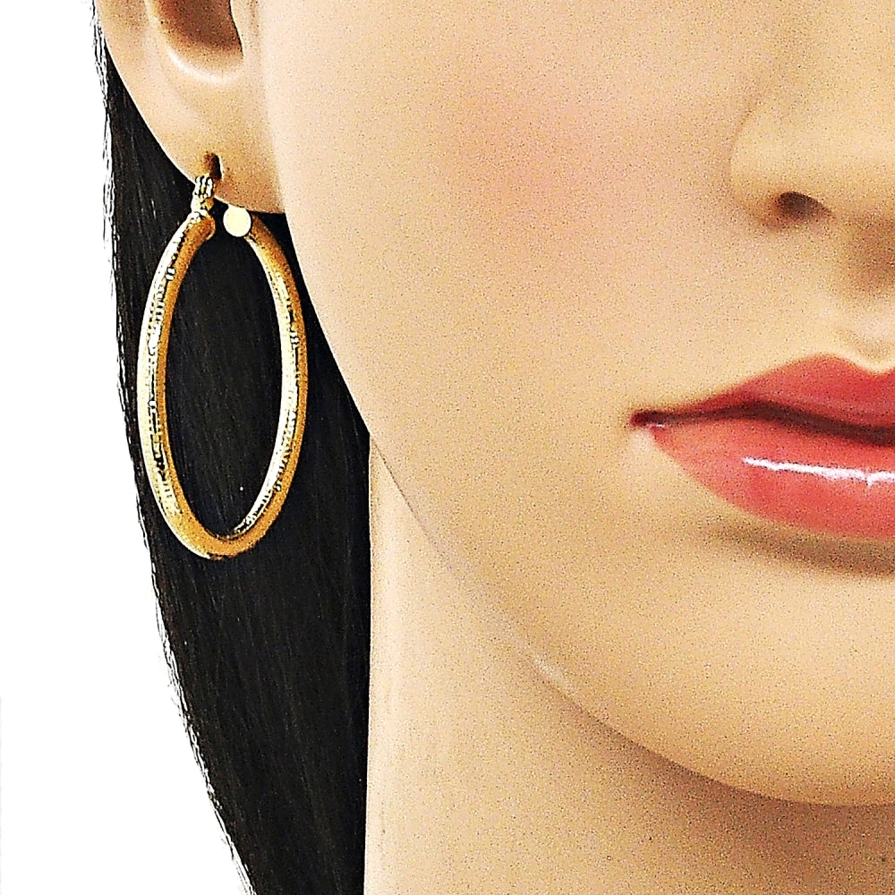 Oro Laminado Medium Hoop, Gold Filled Style Hollow Design, Diamond Cutting Finish, Golden Finish