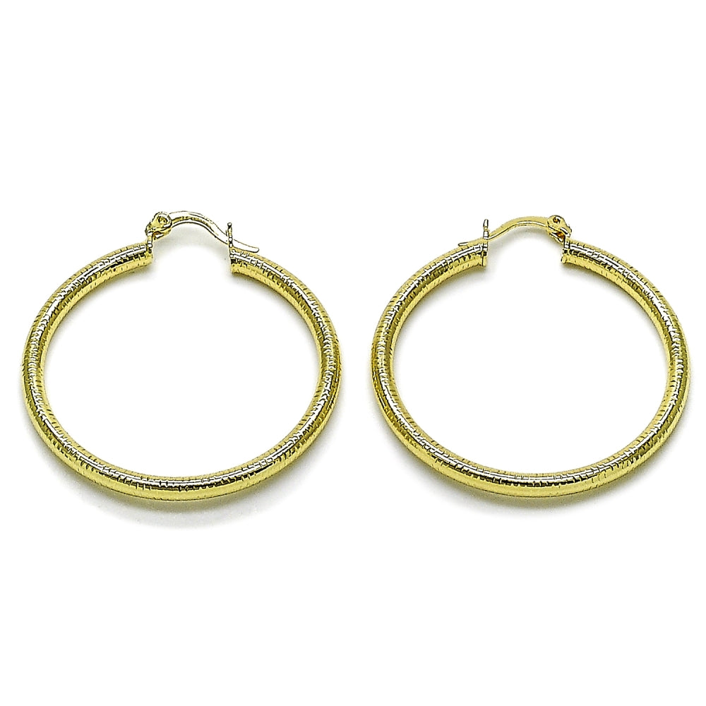 Oro Laminado Medium Hoop, Gold Filled Style Hollow Design, Diamond Cutting Finish, Golden Finish