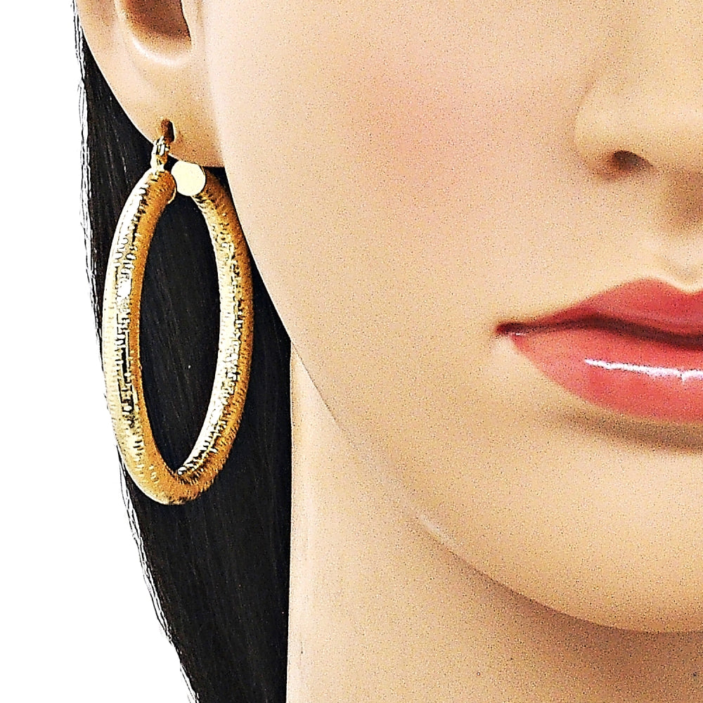 Oro Laminado Medium Hoop, Gold Filled Style Hollow Design, Diamond Cutting Finish, Golden Finish