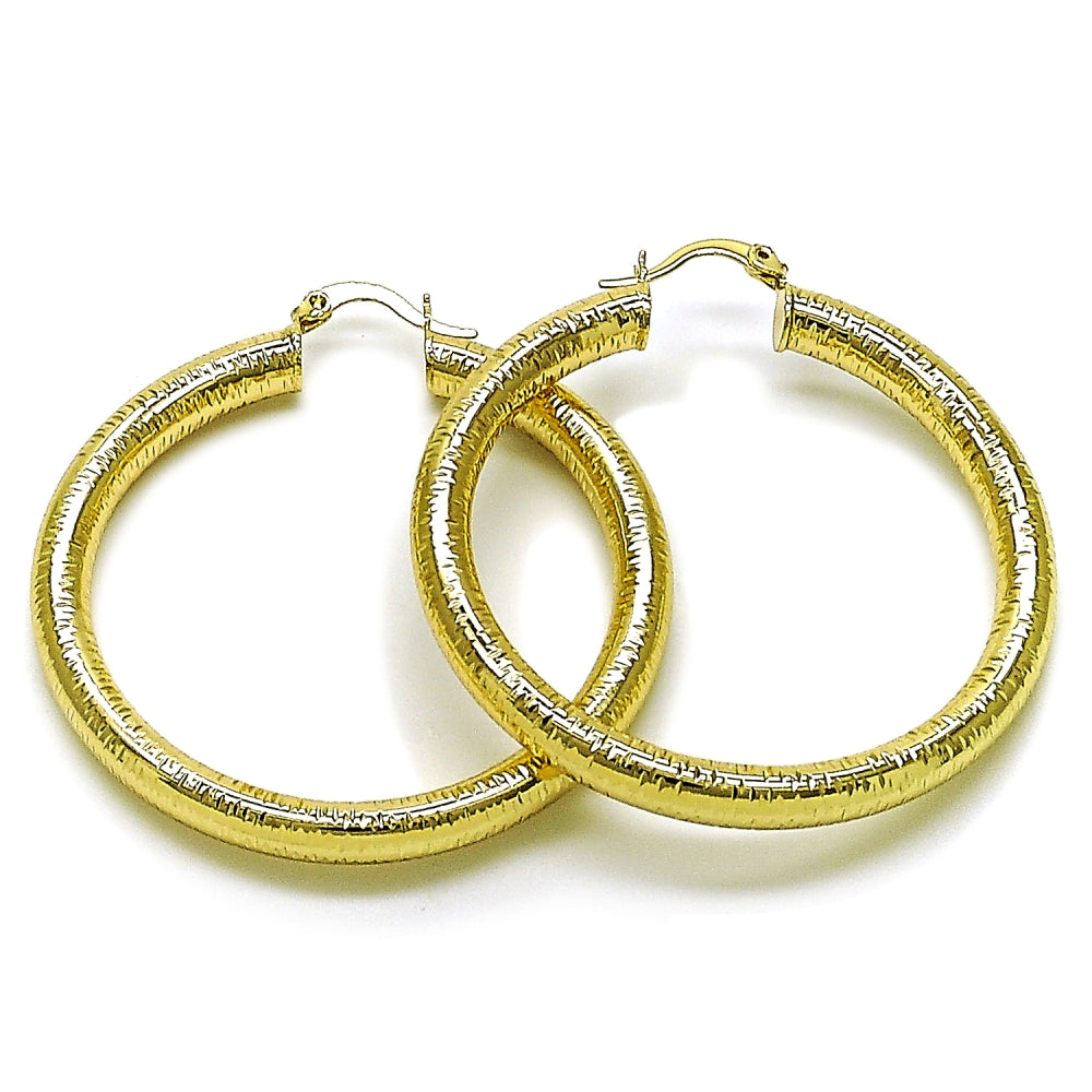 Oro Laminado Medium Hoop, Gold Filled Style Hollow Design, Diamond Cutting Finish, Golden Finish