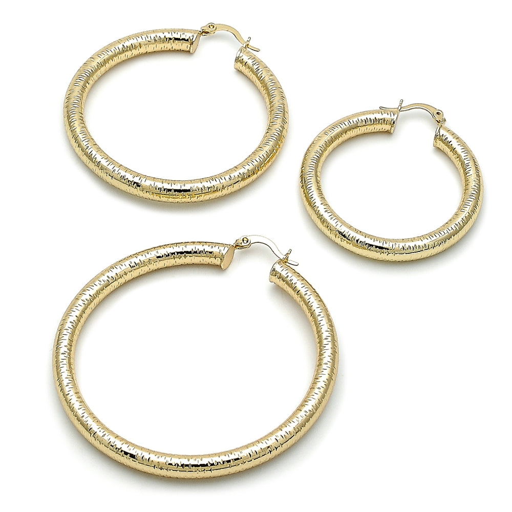 Oro Laminado Medium Hoop, Gold Filled Style Hollow Design, Diamond Cutting Finish, Golden Finish