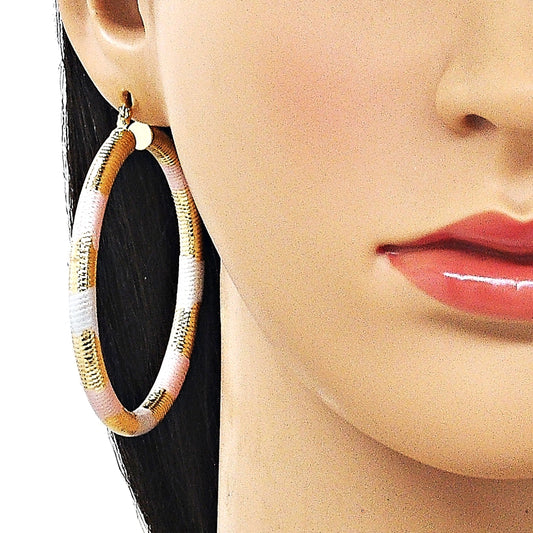 Oro Laminado Large Hoop, Gold Filled Style Hollow Design, Diamond Cutting Finish, Tricolor