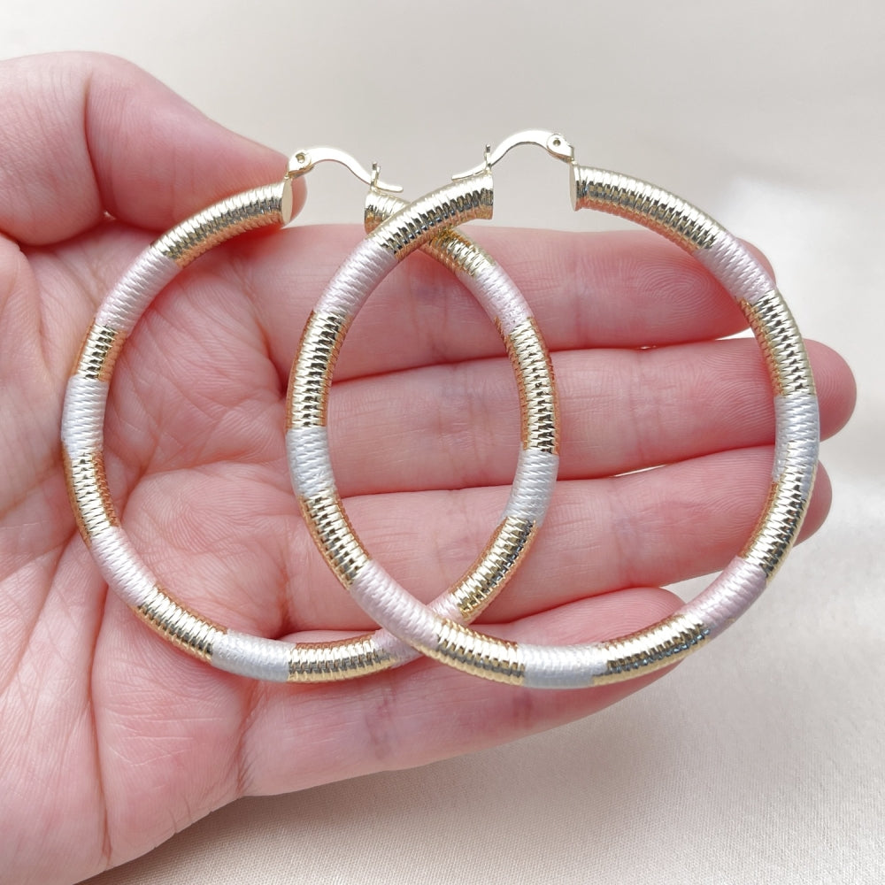 Oro Laminado Large Hoop, Gold Filled Style Hollow Design, Diamond Cutting Finish, Tricolor