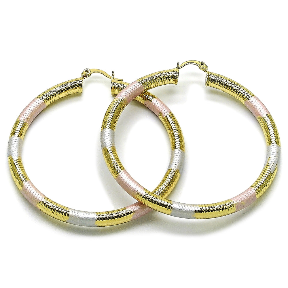 Oro Laminado Large Hoop, Gold Filled Style Hollow Design, Diamond Cutting Finish, Tricolor