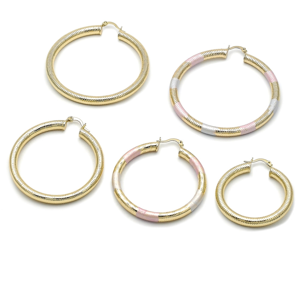 Oro Laminado Large Hoop, Gold Filled Style Hollow Design, Diamond Cutting Finish, Tricolor