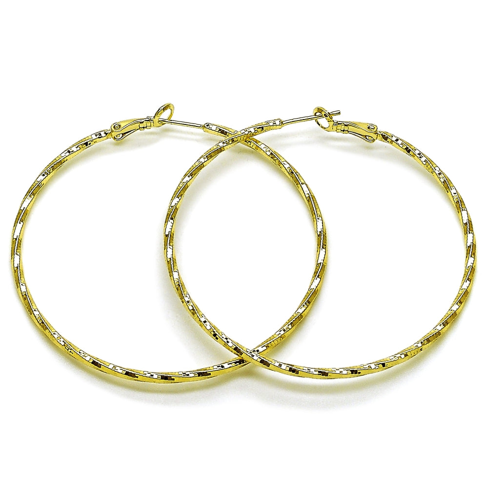 Oro Laminado Medium Hoop, Gold Filled Style Twist Design, Diamond Cutting Finish, Golden Finish