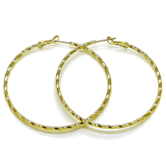 Oro Laminado Medium Hoop, Gold Filled Style Twist Design, Diamond Cutting Finish, Golden Finish