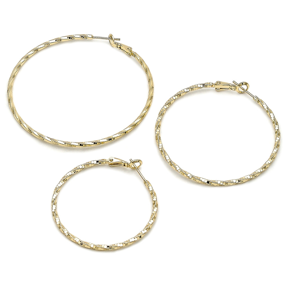 Oro Laminado Medium Hoop, Gold Filled Style Twist Design, Diamond Cutting Finish, Golden Finish
