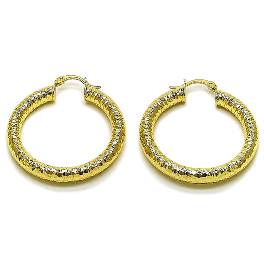 Oro Laminado Medium Hoop, Gold Filled Style Hollow Design, Diamond Cutting Finish, Golden Finish